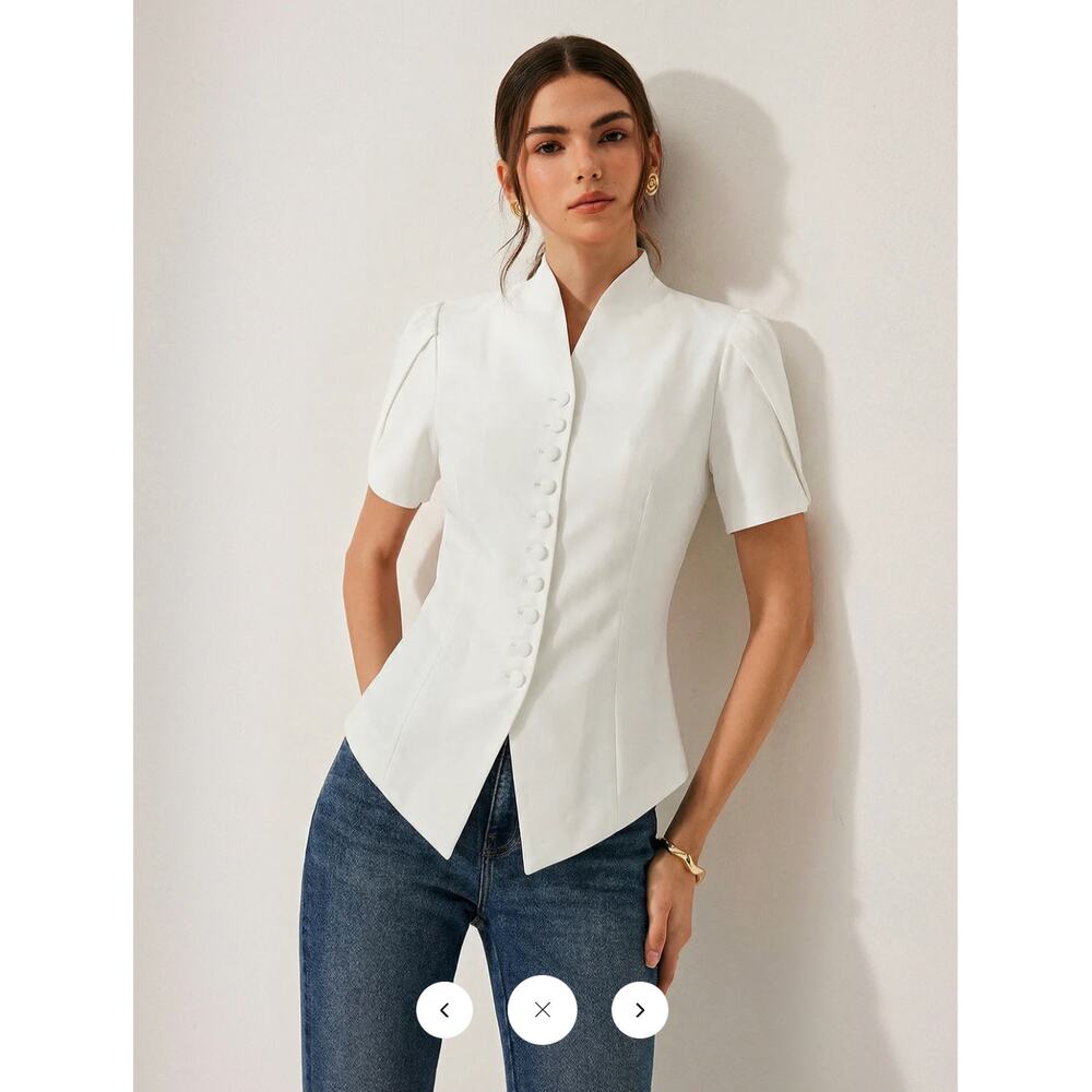 NWT Commense Short Sleeve Stand Collar Buttoned Slim Blouse Sz L